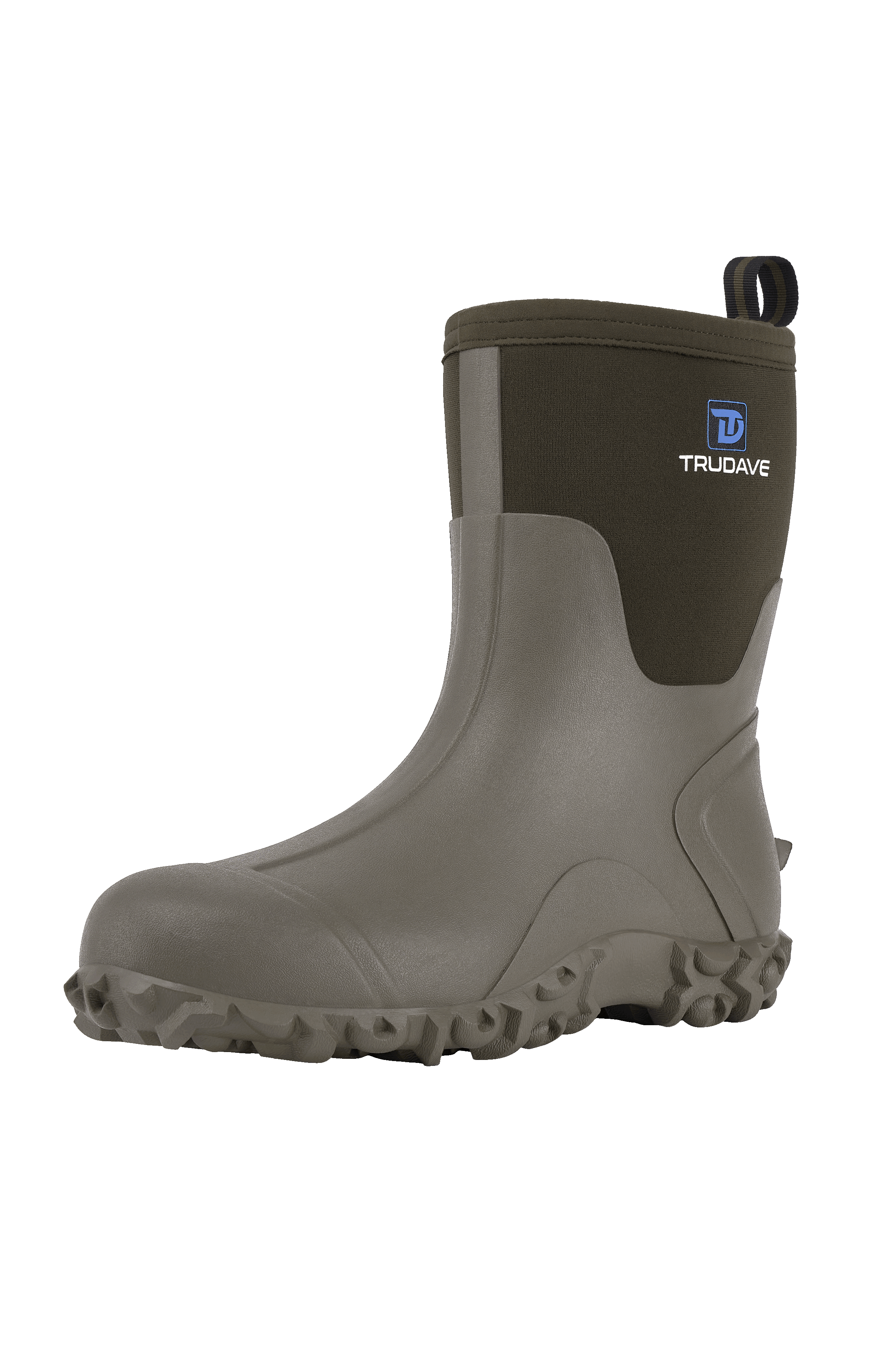 alt="Side view of Trudave AquaGrip Series men’s waterproof mid-calf rubber work boots in olive green – durable non-slip design providing traction and waterproof protection for gardening, farming, and rainy outdoor work"